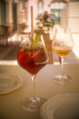 Fototapeta premium Red cocktail with mint on restaurant table