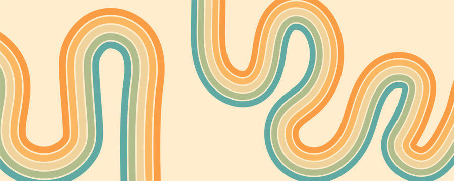Abstract background of rainbow groovy Wavy Lines design in 1970s Hippie Retro style.