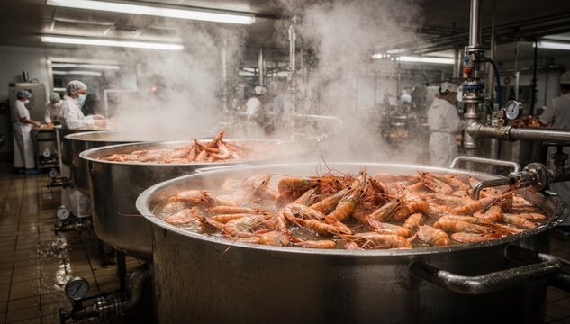 Medium shot of large steam kettles simmering plump shrimp in a bustling seafood processing kitchen with steam rising and intense batch cooking action.