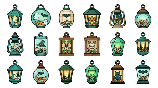 Halloween lanterns with spooky decorations and candies inside on a white background hell 170