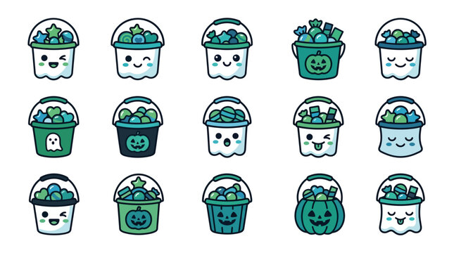 Halloween candy buckets with ghost, pumpkin faces filled with sweets hell 199