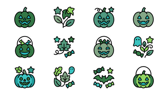 Colorful Halloween illustrations of pumpkins and leaves with candy and ghosts on hell 111