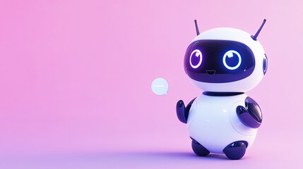 Fototapeta premium Small cute white robot with glowing blue eyes and a speech bubble stands against a soft bright pink studio background