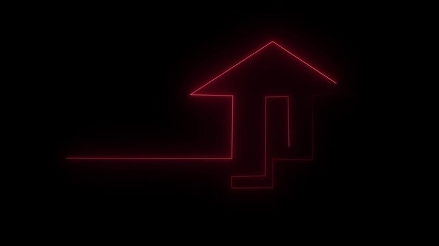 Minimalist real estate concept icon of a house on black background with red arrow symbol representing home property sale, architecture business housing web design vector illustration