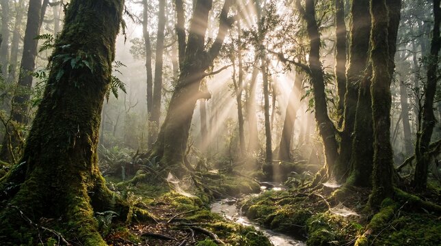 Ethereal sunbeams piercing through ancient forest canopy, mystical woodland landscape with mossy trees, sun rays illuminating a misty jungle stream