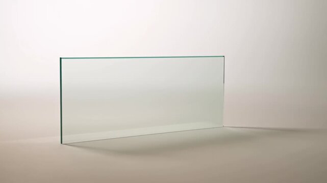 Clear glass pane rotating against a white background for architectural presentation.