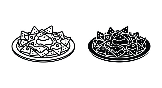 Set of nachos icons, vector illustration of a plate with tortilla chips covered in melted cheese and toppings, simple black and white line art and silhouette style