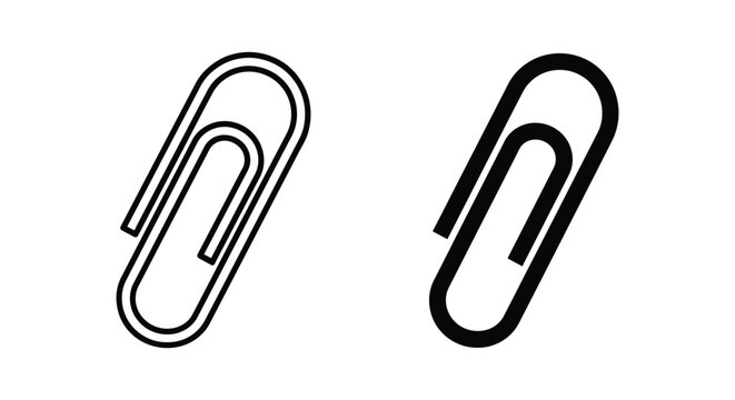 Set of two paper clip icons, thin line and bold style, office stationery symbols for document attachment, simple vector illustrations isolated on white background