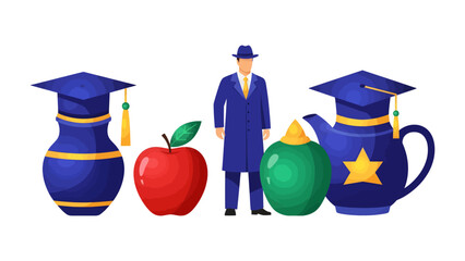 Education and Knowledge Symbolism: A smartly dressed man stands between a graduating cap-adorned vase and teapot, an apple, and a geometric shape. © Hasib
