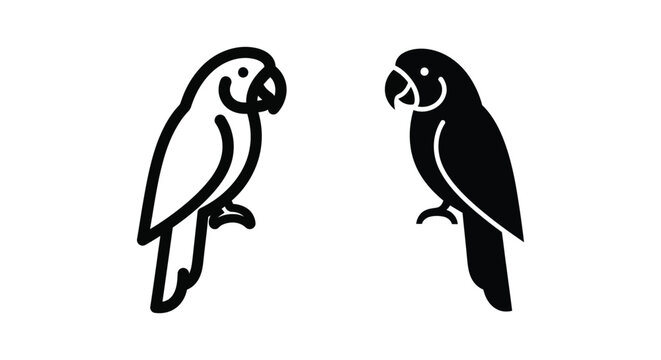 Set of parrot icons, vector illustration of tropical birds in outline and solid style, isolated on white background