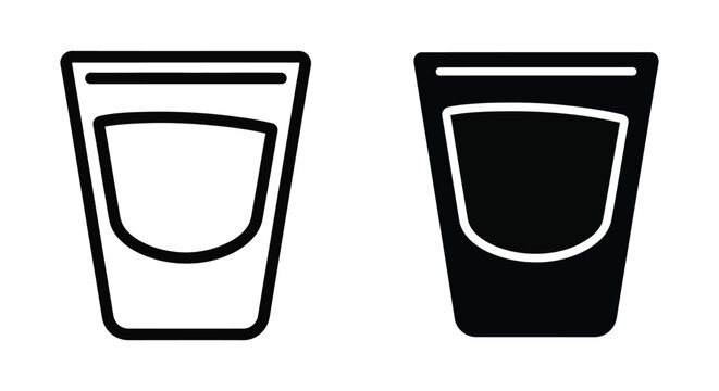 Shot glass icon set, vector illustration of a small drinking glass for spirits, tequila or vodka, simple linear and solid silhouette style icons isolated on white background