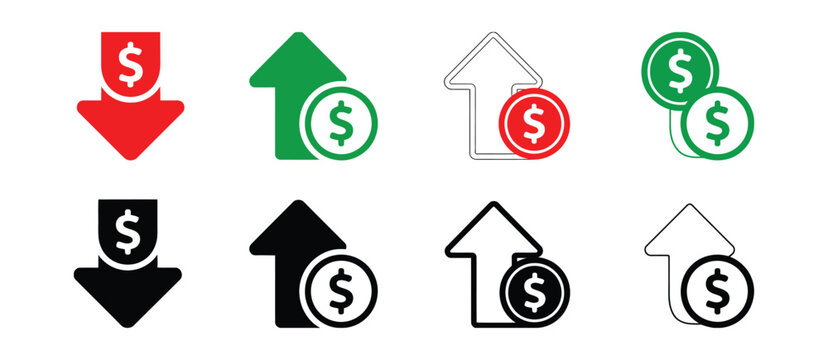 Profit Loss Finance Icon Vector Illustration Showing Cost Growth and Decline Symbols with Dollar Signs for Accounting, Budgeting, and Market Analysis