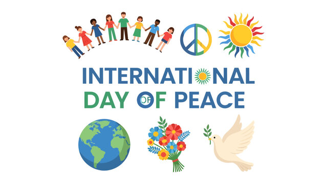 International Day of Peace: A vibrant illustration symbolizing global harmony, featuring diverse people holding hands around a peace sign, alongside symbols of the Earth, a bouquet, a dove.