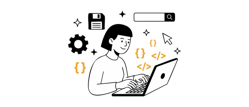 Female programmer coding laptop computer vector illustration. Minimalist line drawing of a woman software engineer typing code, surrounded by digital symbols and programming icons on white background.