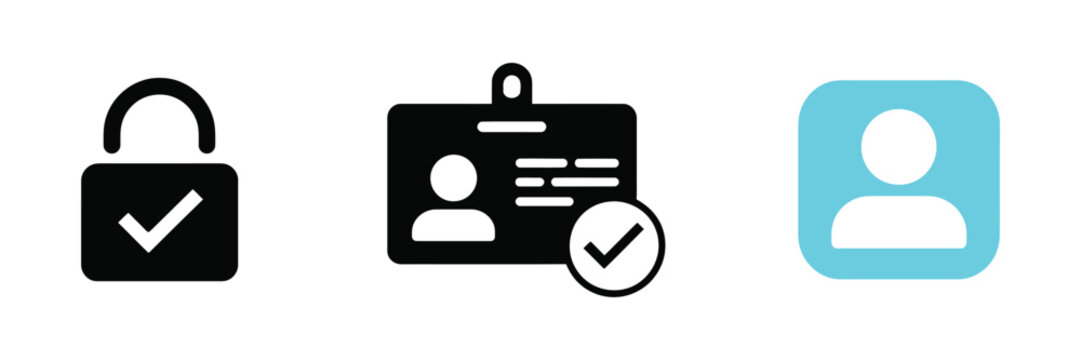 Identity card icon set, verified corporate ID badge, driver license validation and membership pass symbols for employee identification and secure access vector illustration.