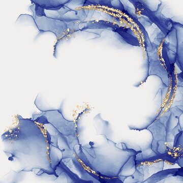 Handmade blue alcohol ink abstract background with flowing translucent forms and shimmering gold accents. Elegant contemporary composition with luxurious fluid textures and ample copy space