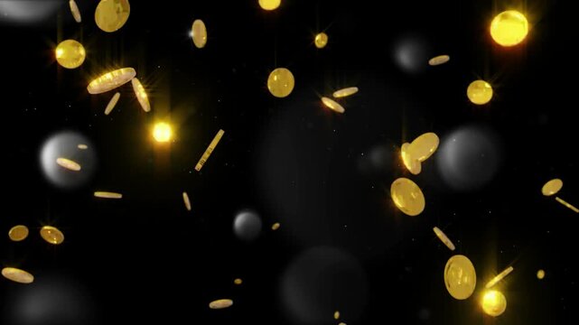 Golden coins falling from the sky on a dark background with a large dollar coin shining brightly