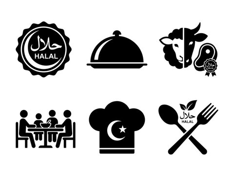 Halal restaurant icons, food symbols, Islamic food signs, black vector graphics