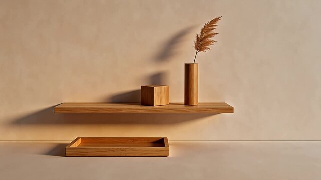 Minimalist wooden shelf with decorative items