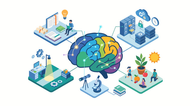 Colorful brain connected to various scientific and technological concepts.