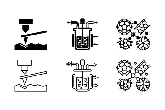 Icons representing nanotechnology research, atomic force microscopy, and chemical synthesis processes