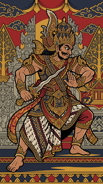 Warrior in ornate costume with sword in traditional artwork
