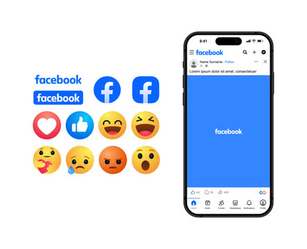 Facebook post mockup social media template. like and love icon buttons and haha emoji smiley face, web post mock up frame . Facebook notification icons, thumb up icon, favorite heart icon sticker