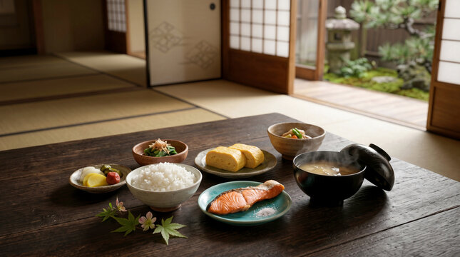 Traditional Japanese breakfast set with grilled salmon, miso soup, and rice served on a wooden table in a classic tatami room looking out to a garden