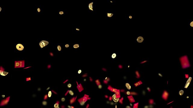 A vibrant and dynamic scene of red and gold confetti and coins floating in midair against a sleek black background, creating a festive atmosphere