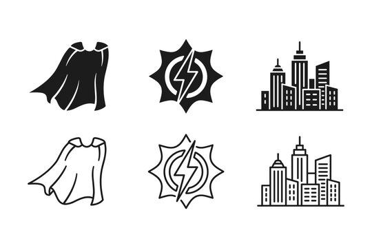 Stylized superhero icons featuring capes and city skyline designs