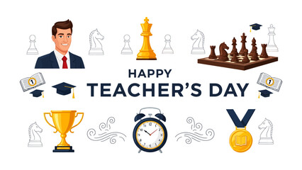 Happy Teacher's Day Celebration: A vibrant illustration celebrating teachers with chess pieces, a trophy, a medal, an alarm clock, and a graduation cap, surrounded by elegant ornamental elements. © abidakhatun
