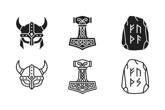Collection of Viking symbols including helmets, Thor's hammers, and runes