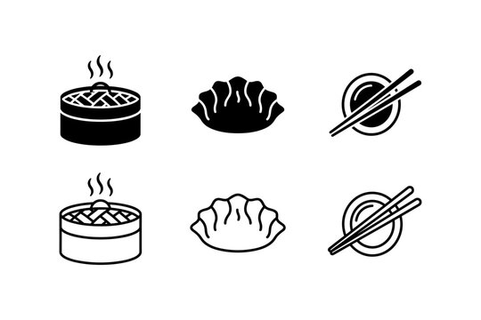 Collection of Asian food icons: dim sum, dumplings, and chopsticks with soy sauce dish