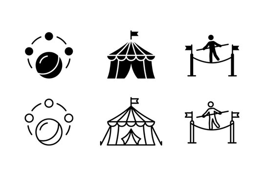 Circus icons depicting juggling, tent, and tightrope walker in solid and outline styles