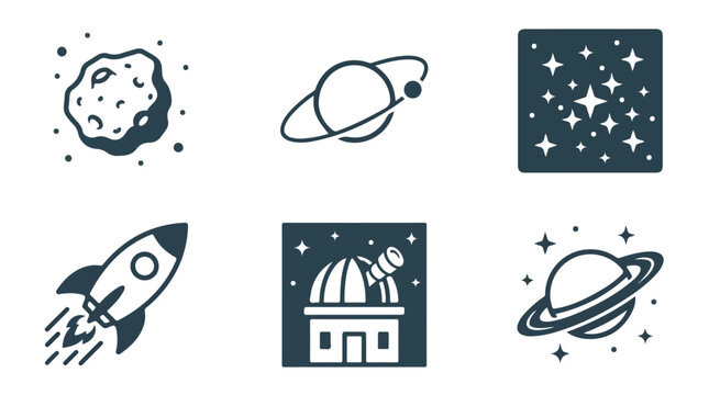 Collection of simple vector icons representing space exploration, planets, rockets, and observatories against a dark