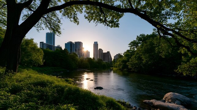A sunlit glistening skyline meets a winding stream set against a serene and expansive natural backdrop