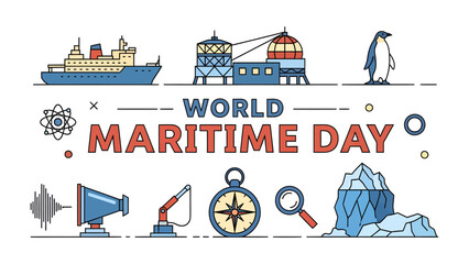 World Maritime Day Celebration: A vibrant illustration commemorating World Maritime Day, featuring ships, a port, a penguin, icebergs, a compass, a megaphone, and scientific symbols. © Hussain