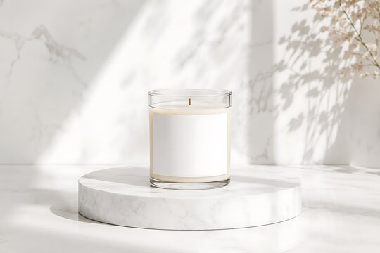 A minimalist, clean product shot of a white candle in a clear glass jar, placed on a white marble pedestal, with soft natural light casting shadows.