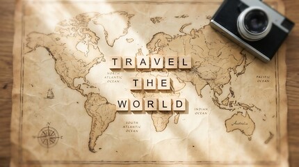 Obraz premium Wooden tiles spell travel the world on a vintage map with a classic film camera.