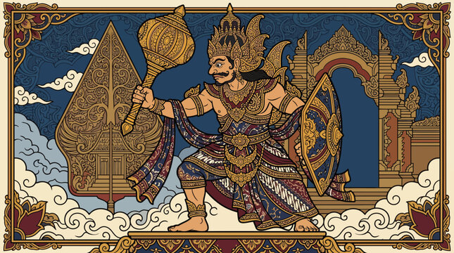 Warrior figure in ornate costume with shield and mace.