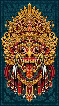 Ornate golden mask with fierce expression on dark background.