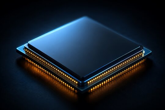 A close-up, high-angle view of a modern, dark blue computer processor chip with glowing orange pins, set against a dark, moody background.