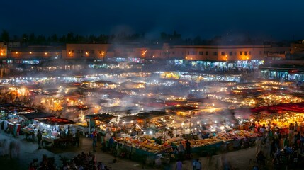 Fototapeta premium A colorful and bustling night market filled with vibrant food stalls creates an exciting urban atmosphere