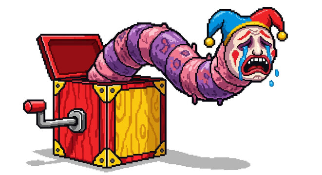 Sad clown worm emerging from a jack in the box.