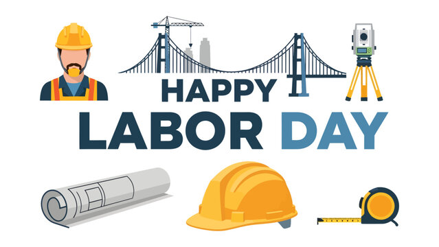 Happy Labor Day Construction Scene: A vibrant illustration celebrating Labor Day with construction elements like a bridge, crane, builder, hard hat, blueprint, surveying equipment, and tape measure.