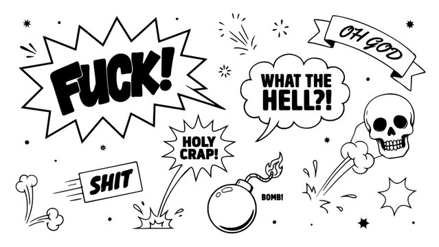 Speech Bubbles and Comic Exclamation Symbols with Profanity Text for Expressive Humor and Shock Concept Design