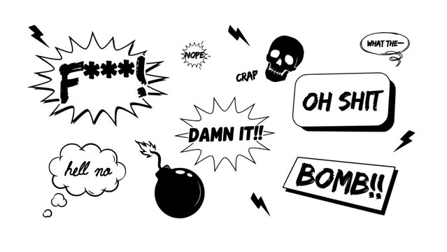 Profanity and Exclamation Speech Bubbles with Various Expressions and Symbols Featuring Illustration, Vector, Graphic with Design