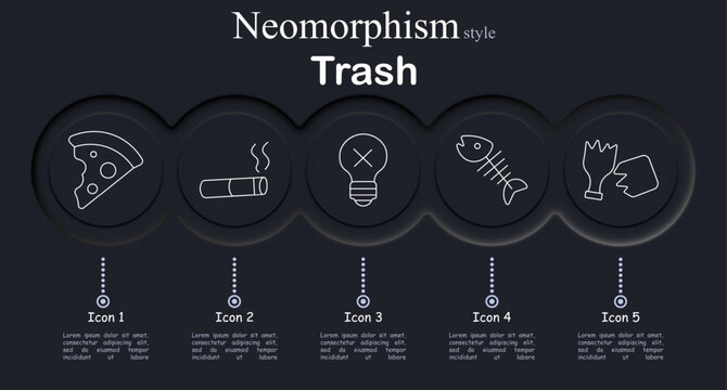 Trash set icon. Line icons with pizza slice, cigarette butt, broken bulb, fish skeleton, torn glove representing discarded waste items.