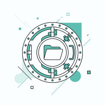 Data security vault with folder icon representing secure document storage, file transfer, cloud backup protection, server encryption, digital privacy infrastructure
