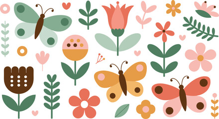 Cute folk art floral vector collection with pastel flowers butterflies leaves and branches in Scandinavian style isolated on white background illustration © Josna